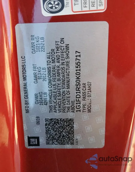 2019 Chevrolet Camaro Lt из США, поврежденный, VIN 1G1FD1RS0K0155717